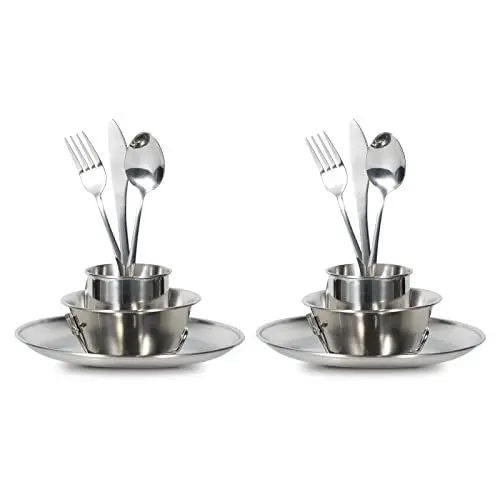 Produktbild: Camping Besteck Set für 2, ISFORU Edelstahl Geschirr Messetui inklusive Teller, Tasse, Schüssel, Besteck mit Netzbeutel, Geschirr-Utensilien-Set für Outdoor-Camping, Wandern und Picknick