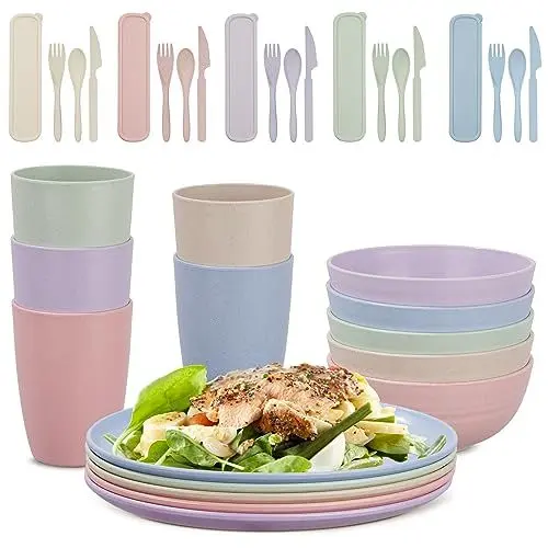 Produktbild: Camping Geschirr Set, 35 teiliges Unzerbrechliche leichte Geschirrsets aus Kunststoff Picknick Geschirr Set 5 Personen, Küche Plastikgeschirr mit Tellerset, Schüssel, Becher, Besteck Set