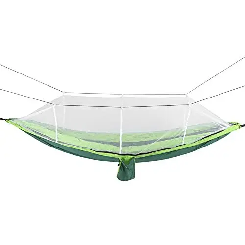Produktbild: Camping Hängematte mit Moskitonetz, Bequemlichkeit Nylon Hängematte Moskitonetz Superleicht Tragbar Langlebig für Hinterhof für Rucksackreisen zum(Dunkelgrünes und fruchtgrünes und weißes Netz)