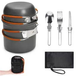 Produktbild: Camping Kochgeschirr Set, Camping Topf aus Aluminium, Outdoor Kochgeschirr mit Faltbare Besteck, Campinggeschirr 2 Personen, Camping Geschirr für Wandern Angeln Picknick, FDA Zertifiziert (Orange)