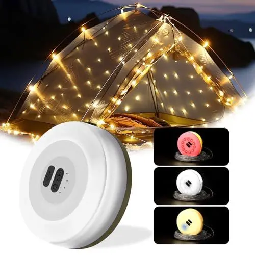 Produktbild: Camping Lichterkette 6 Beleuchtungsmodi Campinglampe Aufladbar 2 in 1 10M Outdoor Lichterkette 30s Erholung Aufrollbar Wasserdicht IP44 fur Aussen Garten Balkon Vorzelt Bäume Weihnachten Party Deko
