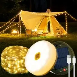 Produktbild: Camping Lichterkette Aufrollbar, 12M Solar Camping Lichterkette Außen, Wiederaufladbar über USB, IP65 Wasserdichte Camping Lichterkette, 120LED Tragbare Campinglampe für Camping, Garten, Wandern