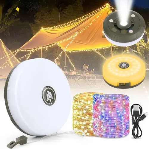 Produktbild: Camping Lichterkette, Aufrollbar Campinglampe mit 10m Led Lichterkette, Wasserdichte Tragbare Verstaubare Lichterkette, USB Wiederaufladbareled Außenlichterketten, Led Camping Licht Außen für Outdoor