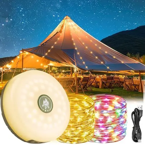 Produktbild: Camping Lichterkette Aufrollbar, Wasserdichte Outdoor Lichterkette mit 8 Modi, USB Wiederaufladbare Campinglampe mit LED Lichterkette 10M, Tragbare Camping Lamp für Camping, Garten,Hof und Wandern