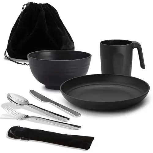 Produktbild: Camping Utensilien, Reanea amping Mess Kit für Reisen, Camping, Picknick, Outdoor, Camping Gear Include Messer, Löffel, Gabel Besteck Set, Tasse, Schüssel, Teller, Camping Essentials für 1