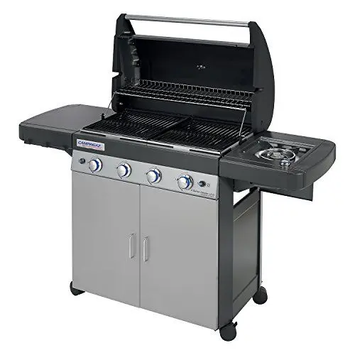 Produktbild: Campingaz 4 Series Classic LSG Gasgrill, BBQ Grillwagen mit 4 Edelstahlbrennern und Seitenkocher, Standgrill mit Deckel und Thermometer, Reinigungssystem, Schwarz / Silber, 136.5 x 59.8 x 115.6 cm