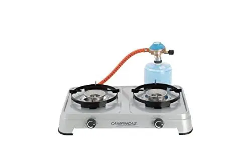 Produktbild: Campingaz Camping Cook CV Gaskocher, 2-flammig, Campingkocher, Betrieb mit Gaskartusche, Campingkocher mit 3.6 Watt, Kartuschenkocher mit 2 stufenlos regelbaren Kochplatten, Grau