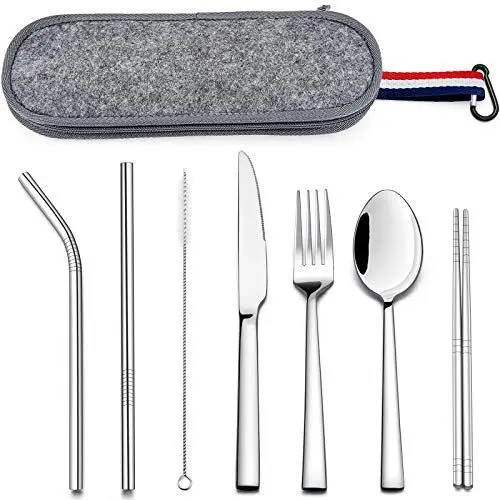 Produktbild: Campingbesteck, HaWare 8-teiliges Wiederverwendbares Reisebesteck mit Filztasche, Tragbares Edelstahl Besteck Set mit Messer, Gabel, Löffel, Metallstrohhalme, Essstäbchen, Reinigungsbürste- Dunkelgrau