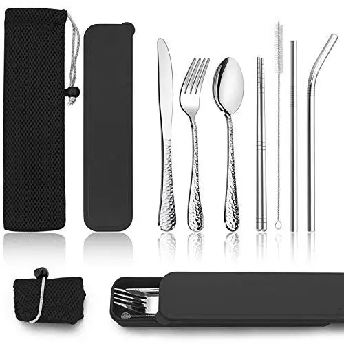 Produktbild: Campingbesteck, HaWare 9-teilig Edelstahl Outdoor Reisebesteck Wanderbesteck, Tragbares Picknick Besteck Set mit Messer Gabel Löffel, Metallstroh, Essstäbchen, Reinigungsbürste, Schwarz Etui &Tasche