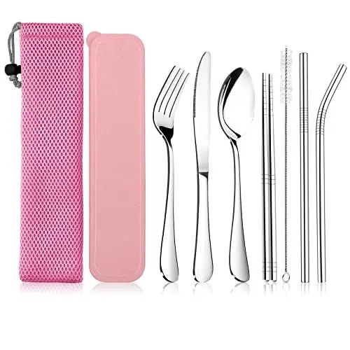 Produktbild: Campingbesteck, Joyfair 9-teiliges Edelstahl Reisebesteck Set, Tragbare Besteck Set mit Messer, Gabel, Löffel, Strohhalme, Essstäbchen, Reinigungsbürste, Tragetasche & Box, Wiederverwendbar -