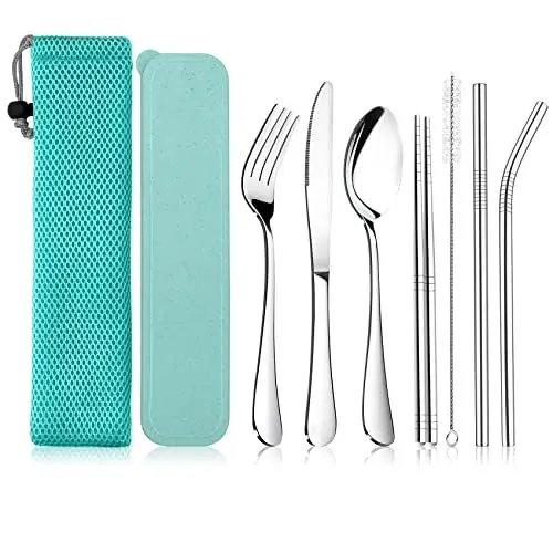 Produktbild: Campingbesteck, Joyfair 9-teiliges Edelstahl Reisebesteck Set, Tragbare Besteck Set mit Messer, Gabel, Löffel, Strohhalme, Essstäbchen, Reinigungsbürste, Tragetasche & Box, Wiederverwendbar - Grün