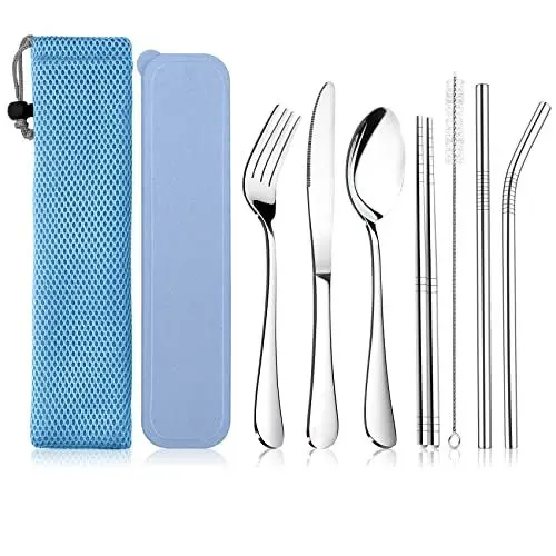 Produktbild: Campingbesteck, Joyfair 9-teiliges Edelstahl Reisebesteck Set, Tragbare Besteck Set mit Messer, Gabel, Löffel, Strohhalme, Essstäbchen, Reinigungsbürste, Tragetasche & Box, Wiederverwendbar- Blau