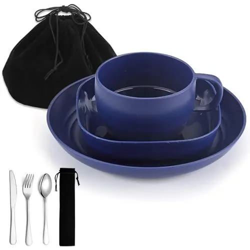 Produktbild: Campingbesteck, ReaNea Camping Teller und Schüsseln Set mit Kaffeetasse, Reisebesteck Set mit Löffel, Gabel, Messer für Zuhause, am Pool, im Freien, Picknick, Camp