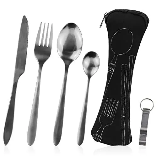 Produktbild: 5-teiliges Campingbesteck-Set, tragbares Besteckset, Besteck aus Edelstahl mit Neoprentasche, ideal für Reisen, Büro und Camping (schwarz)