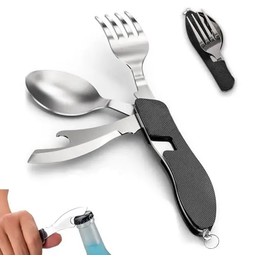 Produktbild: Campingbesteck klappbar, 3 in 1 Edelstahl Klapp besteck Camping besteck Set Outdoor Reise Besteck Kit Abnehmbare Geschirr Bewerben auf Wandern Reise Picknick Campen Festival (Schwarz)