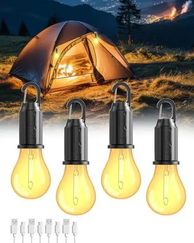 Produktbild: Campinglampe Aufladbar, LED Camping Lampe Camping Licht Zeltlampe Glühbirne, Camping laterne Helligkeit einstellbar 3 Lichtmodi Wasserdicht Campinglicht für Camping, Stromausfall, Notfall, 4 Stücke