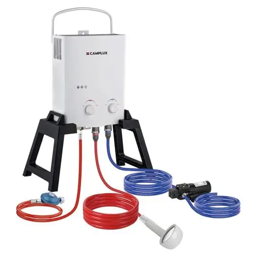 Produktbild: CAMPLUX 5 Liter Gasdurchlauferhitzer mit Stütz & Wasserpumpe, LPG, 50mbar, für Campingdusche/Wohnmobilausflug, AY132Max-DE mit Tragetasche