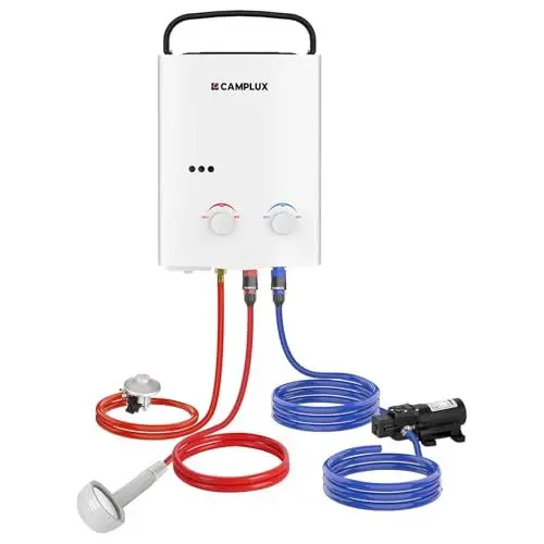 Produktbild: CAMPLUX AY132P43 5 Liter Gasdurchlauferhitzer mit 4,3L Wasserpumpe, Tankless LPG Durchlauferhitzer mit Tragbarer Griff, für Campingdusche/Pferdedusche, Butan-/ Propangas, 10kW, 28-37mbar