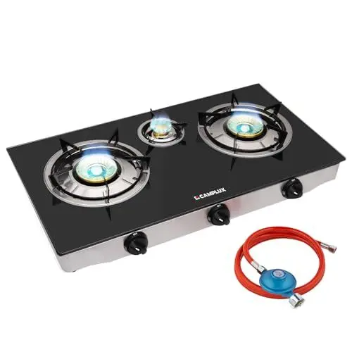 Produktbild: CAMPLUX TC03GB 3 Flammig Glas Gaskochfeld/ 6,25 kW LPG Gaskocher/Tragbar Campingkocher für Camping/ 72,5cm/ 50mbar Gasregler