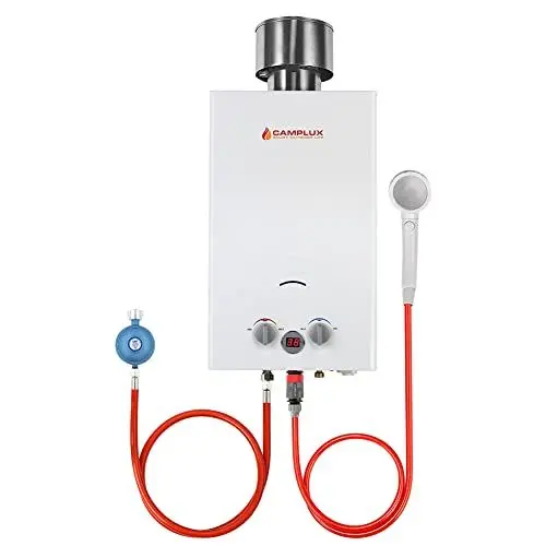 Produktbild: CAMPLUX BW264C-DE 10 Liter Gasdurchlauferhitzer mit Regenkappe, 50mbar Tankless Outdoor-Instant-Gasdusche für Pferd Waschen Camping RV Reise