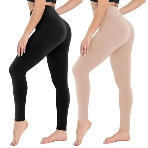 Produktbild: CAMPSNAIL 2er Pack Leggings Damen Schwarz- High Waist Sportleggins Blickdicht Sporthose für Gym Yoga(Schwarz&Beige,L-XL)