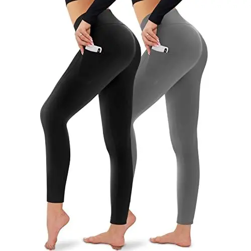 Produktbild: CAMPSNAIL 2er Pack Leggings Damen Schwarz High Waist Sport Leggins Blickdicht Sporthose für Gym Yoga(Schwarz& Dunkelgrau-T,L-XL)