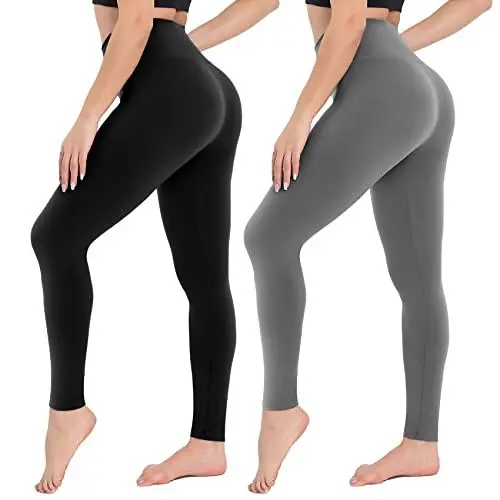 Produktbild: Campsnail Damen Leggings Sporthose mit Hohem Bund - Lang Yogahose Laufhose Fitnesshose Leggins Yoga Sport Leggings Tights für Damen zum Laufen, Radfahren, Fitness-2er Pack- Schwarz& Dunkelgrau-42-48