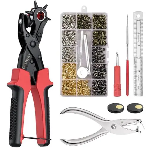 Produktbild: CAMWAY Lochzange Druckknopf Set, 2 In 1 Gürtellochzange + 240x Ledernieten, Heavy Duty Revolverlochzange Hebelübersetzung Lochzange - Leder Locher mit 2x Punch Platten und Lineal, für Leder Papier usw