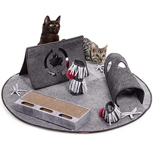 Produktbild: CanadianCat Company | Katzenspielteppich Cosmo, Intelligenzspielzeug für Katzen Spielteppich, Spielmatte, grau, ca. 105 x 105 x 30 cm
