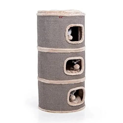 Produktbild: CanadianCat Company | Kratztonne Tony aus Sisal, Höhe 90 cm, Spieltonne für Katzen ø 45 cm, Katzenkratzbaum mit 3 Höhlen, Katzenbaum, Kratzturm aus Sisal, Katzenmöbel, Plüsch mit Spielball, Beige