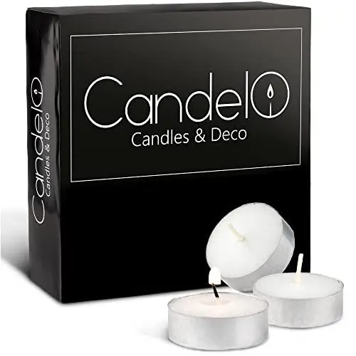 Produktbild: Candelo 100er Set klassische Teelichter unbeduftet mit 4 Stunden Brenndauer - Großpackung Teelichte in Aluminium Hülle - Geruchsneutral in Weiß