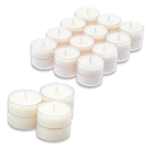 Produktbild: Candelo 30er Set Hochwertige Teelichte ohne Duft Ambiente – 3,8 x 1,7cm je Teelicht - Kerzen Teelichter in Weiß - Kunststoff Hülle - 4 Std Brenndauer