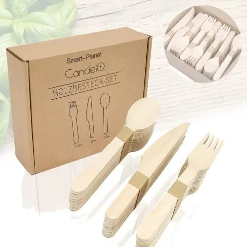 Produktbild: Candelo® Einwegbesteck Set 200-teilig aus Holz - 100 Holzgabeln 50 Holzlöffel 50 Holzmesser - nachhaltiges Holzbesteck - kompostierbares Einweggeschirr