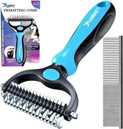 Produktbild: Candure Professionelle Hunde- und Katzenbürste, lange Haare, Hundepflege, Rechen, doppelseitige Zähne, 17 + 9, entfernt Knoten, Teppiche und Haare (Azul)