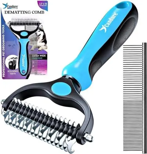Produktbild: Candure Professionelle Hunde- und Katzenbürste, lange Haare, Hundepflege, Rechen, doppelseitige Zähne, 17 + 9, entfernt Knoten, Teppiche und Haare (Azul)
