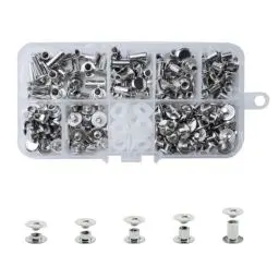 Produktbild: CANGCANG 100 Satz Buchschrauben Edelstahl, Chicago Buchschrauben M5*4/6/8/10/12mm kit 5 Größen Schraube Metallzubehör Nägel Nieten Chicago Button für Gürtel Menüs Buch Papier DIY Basteln ﻿ (Silber)