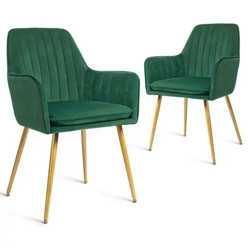 Produktbild: CangLong 2er Set Esszimmerstühle Moderner Sessel mit Armlehne für Küche, Esszimmer & Wohnzimmer, Samt Gold Beine Küchenstuhl, Grün