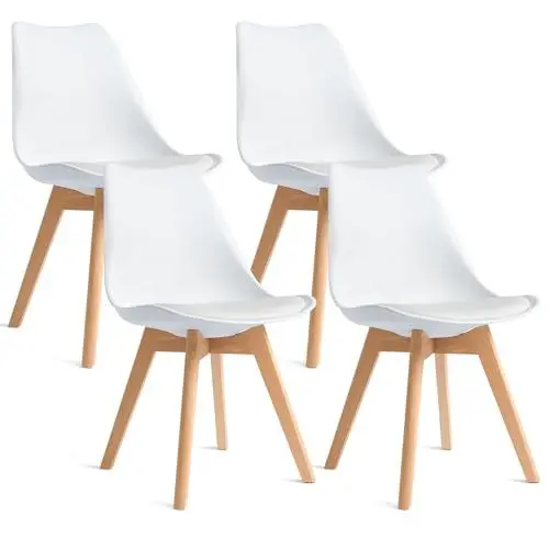 Produktbild: CangLong 4 Esszimmerstühle mit Beinen aus massivem Buchenholz, Modernes Retro-Design der Jahrhundertmitte, Polsterstühle für Küche, Esszimmer und Wohnzimmer, Weiß