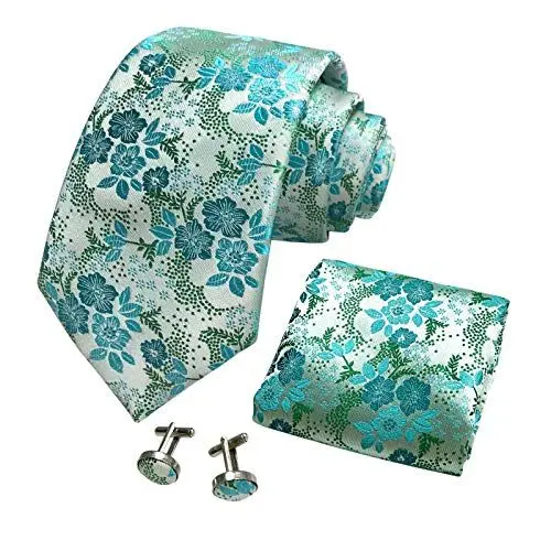 Produktbild: CANGRON Herren Mintgrünes Blumenmuster Krawatte Set Krawatte mit Einstecktuch Manschettenknöpfe Geschenkbox DLSH8QL