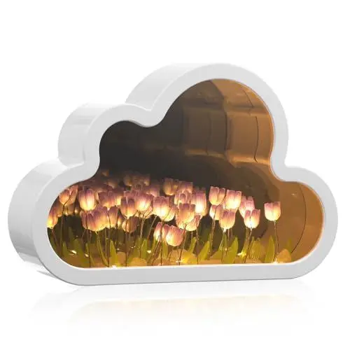 Produktbild: CANIGHT DIY Wolke Tulpe Meer Spiegel Nachtlicht Nachttischlampe Schlaflicht im Schlafzimmer Wolkenlampe bedside lamp bettlampe klemmleuchte Tulpenlampe Tulpenblumen-Nachtlicht Linse