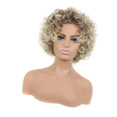 Produktbild: CANIGHT Kurze Afro Perücke Für Damen Aus Hitzebeständigem Faserhaar Modische Blonde Lockige Perücke Für Den Täglichen Gebrauch Voluminö Und Stilvolle Haartracht
