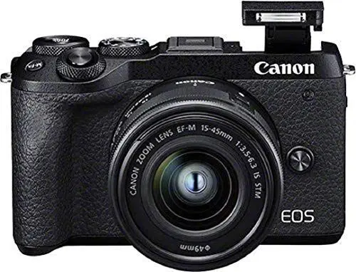 Produktbild: Canon EOS M6 Mark II Systemkamera Gehäuse - mit Objektiv EF-M 15-45mm F3.5-6.3 IS STM Kit (32,5 Megapixel, 7,5 cm (3,0 Zoll), Touchscreen LCD, Display, Digic 8, 4K Video, WLAN, Bluetooth), schwarz