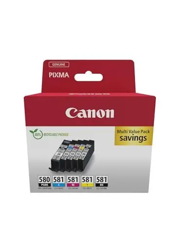 Produktbild: Canon Tinten-Multipack - PGI-580/CLI-581 Original Drucker-Tintenpatronen 5er-Pack (1 x Schwarz, 1 x Cyan, 1 x Magenta, 1 x Gelb & 1 x Schwarz) - Kompatibel mit Canon PIXMA Druckern
