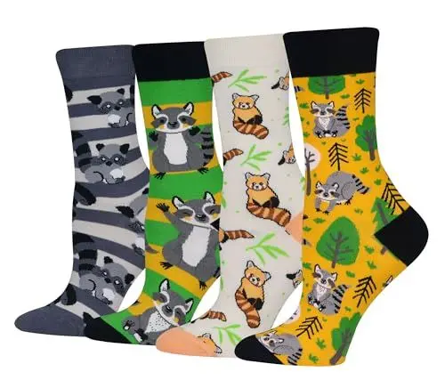 Produktbild: Cansok Damen Crew Neuheit Waschbär Socken Geschenk Baumwolle anziehen Wadensocken Packung mit 4