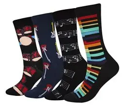 Produktbild: Cansok Herren Neuheit Musik Gitarre Notenschrift Schlagzeug Klavier Socken anziehen Mannschafts Waden Socken Packung mit 4
