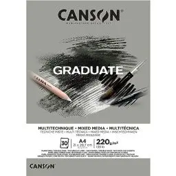 Produktbild: CANSON Graduate, Mixed Media Papier, zweiseitig: gekörnt und glatt, 220 g/m², an der kurzen Seite geleimter Block, DIN A4 21x29,7 cm, Grau, 30 Blatt