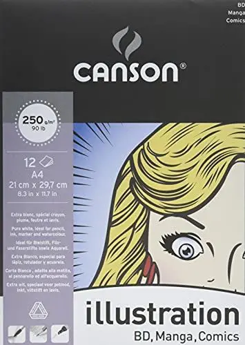 Produktbild: CANSON Illustration Manga, glattes Papier, 250 g/m², an der kurzen Seite geleimter Block, DIN A4, 21 x 29,7 cm, Weiß, 12 Blatt