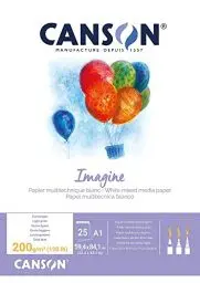 Produktbild: CANSON Imagine, Mixed Media Papier, leichte Körnung, 200 g/m², an der kurzen Seite geleimter Block, DIN A1, 59,4 x 84,1 cm, Naturweiß, 25 Blatt