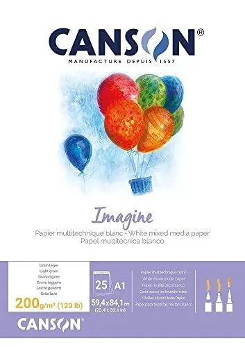 Produktbild: CANSON Imagine, Mixed Media Papier, leichte Körnung, 200 g/m², an der kurzen Seite geleimter Block, DIN A1, 59,4 x 84,1 cm, Naturweiß, 25 Blatt