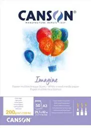 Produktbild: CANSON Imagine, Mixed Media Papier, leichte Körnung, 200 g/m², an der kurzen Seite geleimter Block, DIN A3, 29,7 x 42 cm, Naturweiß, 50 Blatt